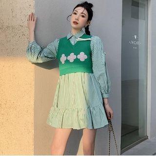 Long-sleeve Striped Mini Shirtdress / Flower Print Sweater Vest