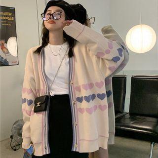 Heart Print Cardigan Pink & Ash Blue Hearts - Almond - One Size
