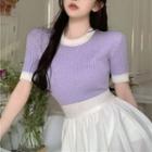 Short-sleeve Two-tone Knit Top Violet Purple - One Size