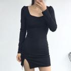 Square-neck Puff Sleeve Split Dress