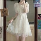 Puff-sleeve Ruffled A-line Mesh Dress