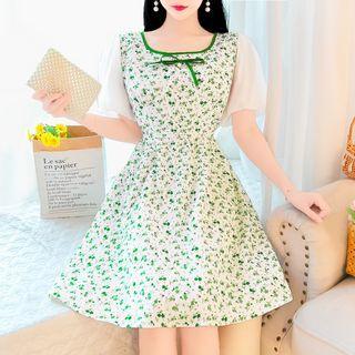 Puff-sleeve Floral Panel A-line Dress