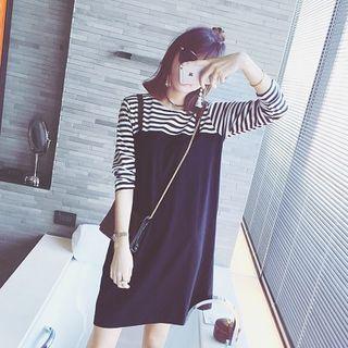 Mock Two Piece Striped Panel Long Sleeve Dress