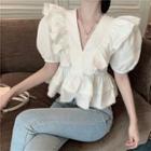 Ruffle V-neck Puff-sleeve Blouse As Figure - One Size