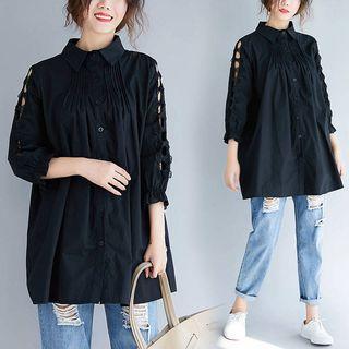 3/4-sleeve Cutout Shirt Black - One Size