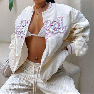 Letter Print Ribbed Baseball Jacket