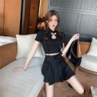 Short-sleeve Top / High Waist Pleated Skirt