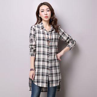 Plaid Linen-blend Blouse