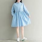 Long-sleeve Gingham A-line Collared Dress