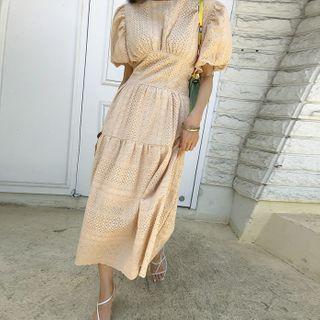 Puff-sleeve Long Eyelet-lace Dress