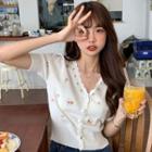 Short-sleeve Floral Embroidery Knit Top White - One Size