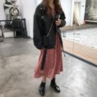Faux Leather Biker Jacket/ Long-sleeve Floral Print Midi A-line Dress
