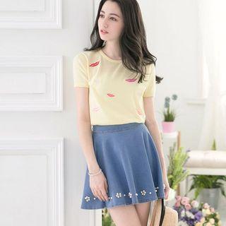 Lips Embroidered Short Sleeve T-shirt
