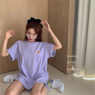Flower Embroidered Short-sleeve T-shirt Purple - One Size