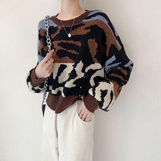 Tiger Print Color Block Sweater Brown & Blue & Black - One Size