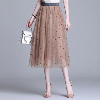 Dotted Midi A-line Mesh Skirt Khaki - One Size