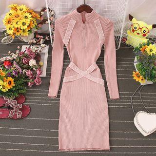 Lettering Strap Long-sleeve Midi Sheath Knit Dress