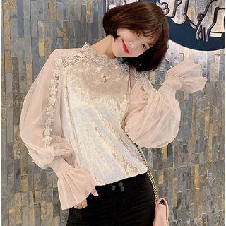 Mock Neck Velvet Panel Mesh Blouse