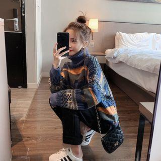 Turtleneck Pattern Panel Sweater
