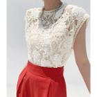 Cap-sleeve Laced Top Beige - One Size