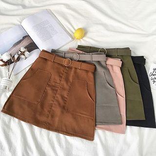 Plain Double-pocket High-waist A-line Skirt With Belt