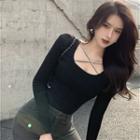 Rhinestone Long-sleeve Slim-fit Top Black - One Size