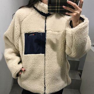 Stand Collar Faux-shearling Zip Jacket Almond - One Size