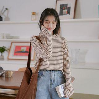 Striped High-neck Collar Batwing-sleeve T Shirt