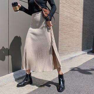 Pleated Slit-side Knit A-line Skirt