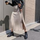 Pleated Slit-side Knit A-line Skirt