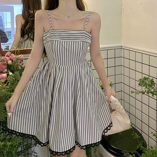 Spaghetti Strap Striped Mini A-line Dress Black & White - One Size