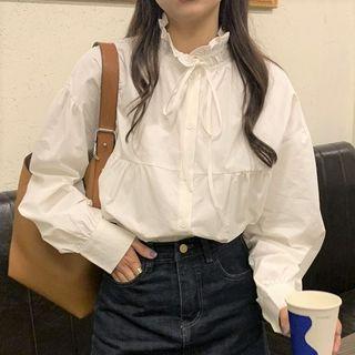 Long-sleeve Tie-neck Frill Trim Blouse White - One Size