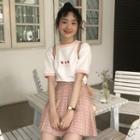Short-sleeve Strawberry Embroidered T-shirt / Plaid A-line Skirt