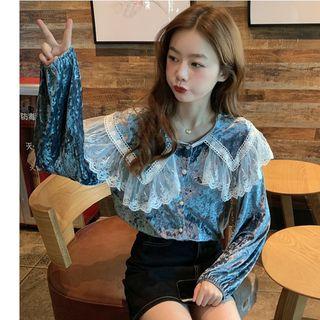 Lace Collar Puff-sleeve Velvet Blouse