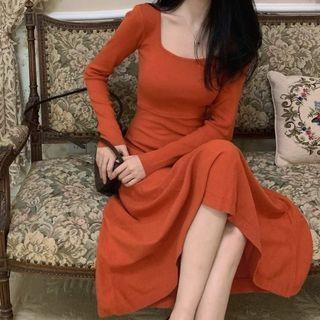 Square Neck Long Sleeve A-line Dress