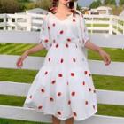 Strawberry Embroidered Elbow-sleeve A-line Dress White - One Size