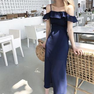 Short-sleeve Off Shoulder Chiffon A-line Midi Dress
