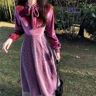 Tie-neck Long-sleeve Velvet A-line Dress