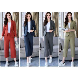 Set: Single-button Blazer + Cropped Wide-leg Pants
