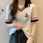 Short-sleeve Badge Embroidered Ribbed Knit Top