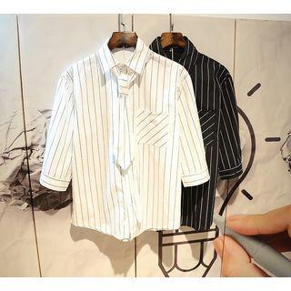 Set: Elbow-sleeve Striped Shirt + Tie
