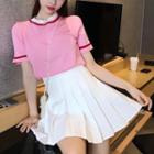 Short-sleeve Color-panel T-shirt / Mini A-line Pleated Skirt