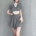 Set: Short-sleeve Two Tone Cropped Polo Shirt + Mini A-line Skirt
