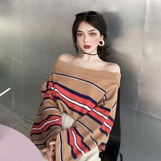 Color-block Striped Off-shoulder Long-sleeve Knit Pullover