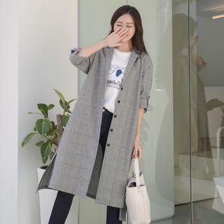 Tab-sleeve Drawstring-waist Glen-plaid Coat Check - One Size
