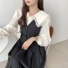 Collared Lace Trim Long-sleeve Blouse / Plain Pinafore Dress