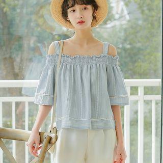 Striped Cold-shoulder Elbow-sleeve Top Light Blue - One Size