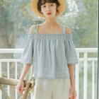 Striped Cold-shoulder Elbow-sleeve Top Light Blue - One Size