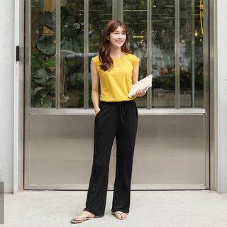 Set: Plain Tank Top + Drawstring-waist Pants -