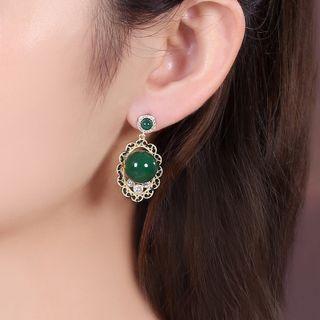 Retro Gemstone Rhinestone Dangle Earring Gold & Green - One Size